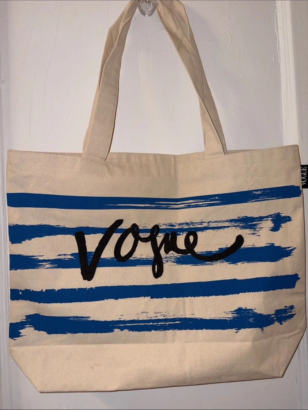 Vogue Canvas Tote in Natural and Blue with Black Logo
